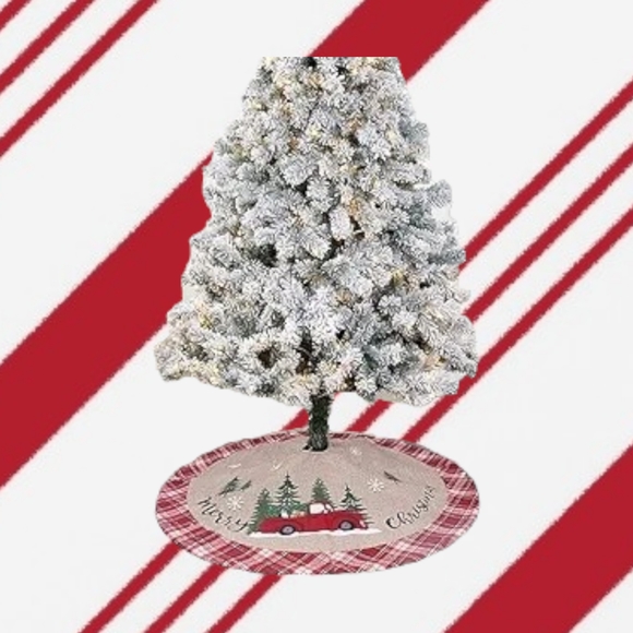 Christmas Tree Skirt, Burlap with Buffalo Check, Rustic Country Red Truck, 32" - Picture 2 of 5